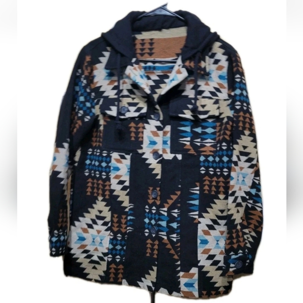 Aztec Southwest Native hooded Button Jacket Heavy Cotton Mens Medium